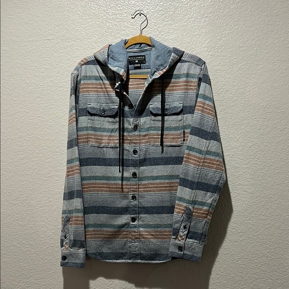 Men's Striped Hooded Jacket Button Down Gray Blue Sz Small Casual - Picture 1 of 11